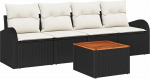 5-teiliges Garten-Sofa-Set mit Kissen Schwarz Poly-Rattan Akazie, 2-Sitzer Garten-Sofa mit Stauraum und Kissen Schwarz Poly-Rattan Gartenlounge Model3356178