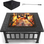 VOUNOT Fire Bowl with Spark Guard and Grill Grate, Fire Bowl / Fire Pit for the Garden, Patio, Heating & Barbecues with Waterproof Protective Cover, 81 x 81 x 45 cm