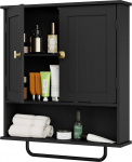 Bathroom Cabinet, Wall Cabinet with Towel Rail, 56 x 13 x 65 cm, Storage Cabinet Over the Toilet with 2 Doors and Adjustable Shelf, White Wall Cabinet for Bathroom, Laundry Room (Black)