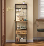 GiftGo Small Coffee Bar Station Slim Corner Baker's Rack with 2 Fabric Drawers, 5 S Hooks for Small Spaces, Farmhouse, Baker's Rack for Kitchen, Entryway, Living Room (Brown, Narrow)