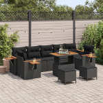 Rantry 10-teiliges Garten-Sofa-Set mit Kissen Schwarz Poly-Rattan Akazie, 3-teiliges Garten-Esstisch-Set mit Kissen Schwarz Poly-Rattan Akazie Gartenlounge Model3365109
