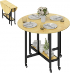 HOMCOM Kokkupandav s&ouml;&ouml;gilaud ratastel &Uuml;mmargune k&ouml;&ouml;gilaud 4-kohaline, 2 klapptopsiga ja alumine riiul v&auml;ikestesse ruumidesse s&ouml;&ouml;gituppa 100 x 100 x 75 cm Tammepuust