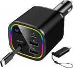 AGEMANY Sigaretis&uuml;&uuml;taja USB C, 4-in-1 sisset&otilde;mmatav autolaadija 78 W kiirlaadija autolaadija RGB valgusega iPhone 16 15 12 12 13 14 Android, auto lisaseadmed (must)