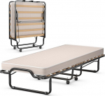 COSTWAY 80 x 200 cm Folding Guest Bed with Memory Foam Mattress, Folding Bed with Sturdy Steel Frame, up to 120 kg, Metal Bed on Wheels, for Guest Room Camping (Beige)