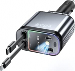 4 in 1 sisset&otilde;mmatav autolaadija, 4 in 1 kiirlaadija, USB C 69W adapter iPhone 16/15/14/13/12, Android, 180&deg; reguleeritav pistik (must, Lightning+USB C & lilla valgus)