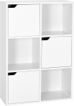 Meerveil Storage Shelf Unit, Multilayer Bookcase, Wooden Storage Cabinet for Books and DVDs, Six Compartments with Three Doors, White