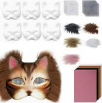 Therian Mask DIY, 6 DIY paberimaskide pakett koos Faux PE, silmade v&otilde;rgu ja vildist riidega, karvane valge loomamask, valge mask, v&auml;rvimata maskid, kassimaskid Halloweeni maskeerimiseks, maskiballiks
