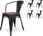 Kosmi - Juego de 4 sillas de Metal Oscuro y Madera oscura Industrial Factory Metal Black Matte, asiento y reposabrazos de Madera oscura