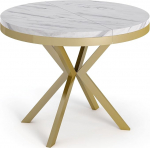 WFL GROUP Round Extendable Dining Table in White Marble Look, Loft Style Table with Golden Metal Legs, 90 to 170 cm, Industrial Table for Living Room, Compact, 90 cm, Marble White