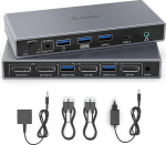 Displayport KVM Switch 2 in 2 Out 4K @ 60Hz DP1.4 koos 3 USB A+1 USB C 2 arvuti jaoks, mis jagavad 2 monitori, klaviatuuri, hiire ja printeri, sisaldab lauaarvuti kontrollerit ja 5V toiteallikat.