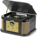 Plaadim&auml;ngija Bluetooth, CD m&auml;ngija, USB/SD salvestus ja FM raadio, 3 kiirust (33/45/78 RPM), sisseehitatud k&otilde;larid, AUX, RCA, Auto Stop funktsioon.