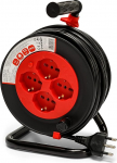 VELAMP REEL-IT-15 elektriline pikenduskaabel koos kaablirulliga 4 pol&uuml;viirust (Schuko + 10/16A) + suur pistik 16 A, kaitsega, kaabli ristl&otilde;ige 3G1,5 mm2, must/punane, 15 meetrit.