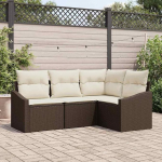Gartensofa-Set Poly-Rattan 4-teilig braun wei&szlig; mit Kissen, Outdoor-Sofagarnitur 4-TLG. Poly-Rattan Gartenm&ouml;bel-Set, Garten-Sitzgruppe 4-TLG. Ecksofa-Garnitur Garten