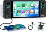 Hodozzy 1 DIN autoraadio juhtmevaba Carplay Android autoga, 5,1-tolline sisekraan, toetab Bluetooth 5.2, FM-raadio, kiirlaadimine, USB Type-C Mirror Link EQ SWC, tahavaate kaamera.