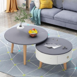 Set mit 2 Couchtischen aus Holz, rund, f&uuml;r Wohnzimmer, stabil und robust, mit Schublade, Grau und Wei&szlig;, 60 + 50 St&uuml;ck