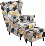 Highdi 2-osaline Wing Chair Cover koos Ottomani kaitsva kattega, tugitooli visked, Wing Chair kaitsvad katted, Stretch Tiger Chair Cover koos k&auml;etugedega, k&otilde;rge seljatoega (oranž geomeetria)