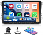 CAMECHO 4+64G Android 15 autoraadio VW Golf 5 6 Polo Passat Seat Touran Skoda Tiguan, 9-tolline Bluetooth raadio GPS WLAN FM RDS-ga, A-apple Carplay Android auto 2Din autostereo