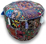 Round Patchwork Embroidered Multi Ottoman Pouf Bohemian Indian Decorative, Size 13 X 16 X 16 Inches