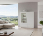 Dmora - Nevio vitriin, klaasuksega k&uuml;ljepaneel, mitmeotstarbeline elutoa m&ouml;&ouml;bel LED-valgusega, 100% Made in Italy, 120 x 43 x 146 cm, l&auml;ikiv valge