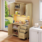 Lexiou 183 cm k&ouml;&ouml;gikapp, buffet, rakenduse abil juhitavad LED dekoratiivsed tuled, 2 x USB, 2 x pistikupesa, reguleeritavad riiulid, 3 sahtlit, kuldsed metallist k&auml;epidemed (puit)