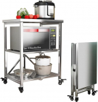 HIYOUGO Serving Trolley with Wheels, 3 Shelves, Foldable Stainless Steel Trolley, Kitchen Table, Stainless Steel Tisc Microwave Holder for Kitchen