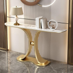 Generisch Schmaler, moderner Konsolentisch in Marmoroptik mit geschwungenem Design und goldenen Akzenten - Stilvoller Beistelltisch f&uuml;r Wohnzimmer und Flur