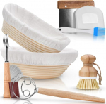 Paulson & Svenson&reg; Set of 2 Proofing Baskets for Bread Baking Set Including Accessories - Made of 100% Natural Rattan Including Whisk, Dough Scraper, Linen Cloth, Brush and Baker's Knife
