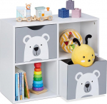 Relaxdays Bear laste riiul, 2 sahtlit, 2 avatud sektsiooni, K x L x S: 48 x 60 x 24,5 cm, laste raamaturiiul, valge/hall