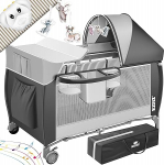 Kidiz&reg; Baby Bed 3-in-1 Travel Cot Combination Set Baby Bed with Changing Mat Mosquito Net Playpen Baby from Birth to 15 kg Airy Side Walls with Side Entrance Carry Bag Foldable Grey