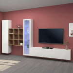 Dmora Emilio elutoakomplekt, 3 ust, mitmeotstarbeline elutoam&ouml;&ouml;bel vitriinkapi ja LED-valgustiga, 100% Made in Italy, 310 x 30 x 180 cm, valge l&auml;ikega ja vaher puidust