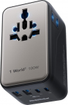 MOMAX reisiadapter maailmas 100 W GaN universaaladapter 2 AC pistikupesaga, 2 USB-C PD + 2 USB-A QC - &uuml;hildub &uuml;le 150 riigi maailmas - kuldne