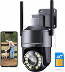 2.5K 4MP 3G/4G LTE Outdoor Surveillance Camera with SIM Card, PTZ IP Camera Outdoor 355&deg;/90&deg; Swivel, Person Detection and Automatic Tracking, Colour Night Vision 30 m, TF Memory, 2-Way Audio, IP66