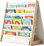 Montessori laste raamaturiiul 6 tasandit, laste riiul koos kotiga, laste raamaturiiul raamatute hoidmiseks kallutuskaitsega, raamaturiiul lastele, seinariiul lastetoas ja m&auml;ngutoas