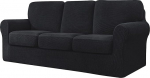 Stretch-Sofabezug-Set f&uuml;r Couch, mit separater R&uuml;ckenlehne und Kissen, kariert, Spandex-Stoff, schwarz, 3-Sitzer (185 - 235 cm)