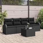 Modulares Gartensofa-Set Schwarz aus Poly-Rattan mit Stahlrahmen und abnehmbaren Polyesterkissen f&uuml;r die Terrasse inklusive Glasplatte