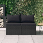 Garten-Mittelsofa Set 2 St&uuml;ck Schwarz PE Rattan mit Kissen f&uuml;r die Terrasse