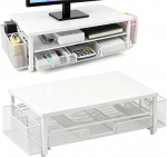 Monitorst&auml;nder mit Schublade, 2-Stufiger Computer Monitor Erh&ouml;hung mit Schublade und 2 Stifthaltern, Schreibtischorganizer und Zubeh&ouml;r, Ergonomischer Desktop St&auml;nder f&uuml;r B&uuml;ro Zubeh&ouml;r (Wei&szlig;)