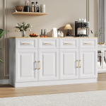 140 cm Sideboard Buffet kapp koos hoiuruumiga, kohvibaar kapp 4 sahtli ja 4 luugiga, pikk hoiukapp kaasaegses talu stiilis, valge puit, k&ouml;&ouml;ki, s&ouml;&ouml;gituppa, elutuppa