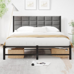 Voodiraam 120 x 200 cm metallist lamelliraamiga, polsterdatud voodi 120 x 200 cm voodi koos panipaigaga, voodiraam, noorte voodi, kaheinimesevoodi, metallist voodi koos peatoega magamistuppa, k&uuml;lalistetuppa, tumehall