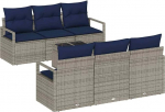 vidaXL Sofa Set mit Kissen 7 pcs Grau und Marineblau Poly Rattan, Garten- und Terrassensofa Set, modern, kerge, modulaarne, vastupidav, UV-best&auml;ndig, Rattan Lounge M&ouml;bel f&uuml;r draussen