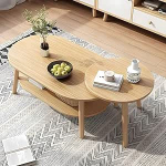 Moderner ovaler runder Couchtisch mit 1 Ablage, stilvolles Holz, kompaktes Wohnungsm&ouml;bel, nat&uuml;rliches Finish mit Ablagen, schickes Wohnzimmerdekor