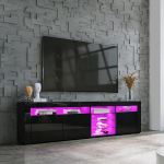 BESTWANTED TV Stand LED tuledega, kaasaegne k&otilde;rgl&auml;ikega TV kapp TV Unit 180cm 3 uksega ja avatud klaasist riiulitega magamistuppa, elutuppa, kodum&ouml;&ouml;blile (must)