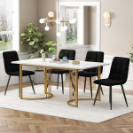 DRIXNO S&ouml;&ouml;gitoa komplekt (5-osaline komplekt) koos 4 tooliga, 140 x 80 cm, kuldsete metalljalgadega k&ouml;&ouml;gilaud, valge MDF lauaplaat, mustad sametist s&ouml;&ouml;gitoolid