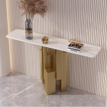 Generisch Schmaler Luxus-Konsolentisch - Steinplatte mit goldfarbenem Schmiedeeisengestell, stilvoller Schrank f&uuml;r Flur, Schlafzimmer und Wohnzimmer, stabiles M&ouml;belst&uuml;ck f&uuml;r Eingangsbereich.
