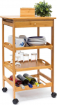 Relaxdays James Kitchen Cart Size: Large, Bamboo: 80.5 x 50 x 37 cm Serving Rolling Cart w/ Drawer & 2 Trays Rolling Wooden Kitchen Trolley W/ Storage Space For Plates & Wine Bottle Rack, Natural