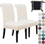 SPRINGRICO 2 Pack Dining Room Chair Covers with Seat Belt, Stretch Parsons Chair Slipcover Washable Kitchen Dining Chair Cover Removable Seat Protector Set of 2, S3 - Cream Colour