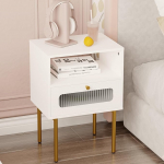 JERX Bedside Table with Prism Glass Front, Modern Design for Bedroom, Guest Room, Golden Metal Feet (White, 1 Drawer)