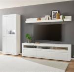 Lomadox elutoa komplekt valge matt moodne vahetatav k&auml;epide 217 cm madala lauaga seinariiuliga vitriinkapp pehme sulgemisfunktsiooniga 3-osaline