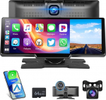 Motorsi 9,3-tolline kaasaskantav autoradio juhtmevaba Carplay Android autoekraaniga 2.5K Dual Dash Cam, 7-32V puuteekraan koos h&auml;&auml;lassistendiga/Bluetooth/FM saatja/AUX + 64G TF kaart + Foward kaamera