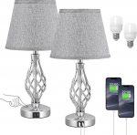 Kakanuo Bedside Lamp Set of 2, Table Lamp Touch Dimmable with Charging Function USB A+C Connections, Grey Lampshade 2 LED Bulbs, Modern Table Lamp for Bedside Table, Living Room, Bedroom, Office